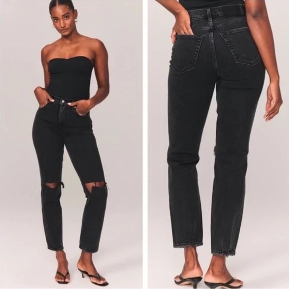 ABERCROMBIE & FITCH The 90’s Straight Ultra High Rise Black Distressed Jeans - Picture 1 of 10